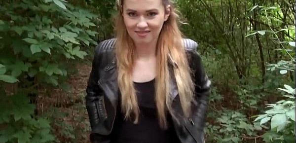  Eurobabe shows off ass and screwed in the woods for money